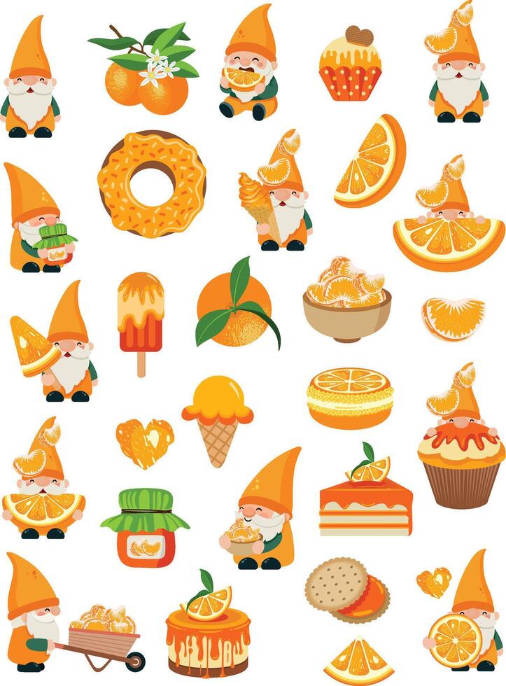 Gnomes and orange-themed illustrations vector