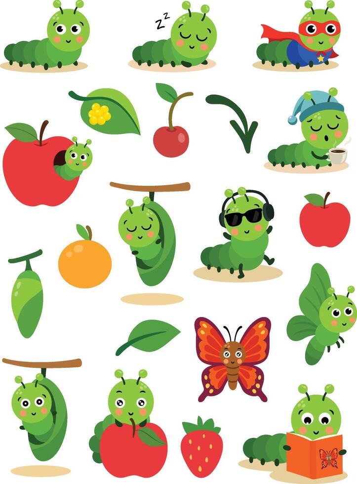 Cartoon caterpillars with fruits and butterflies vector