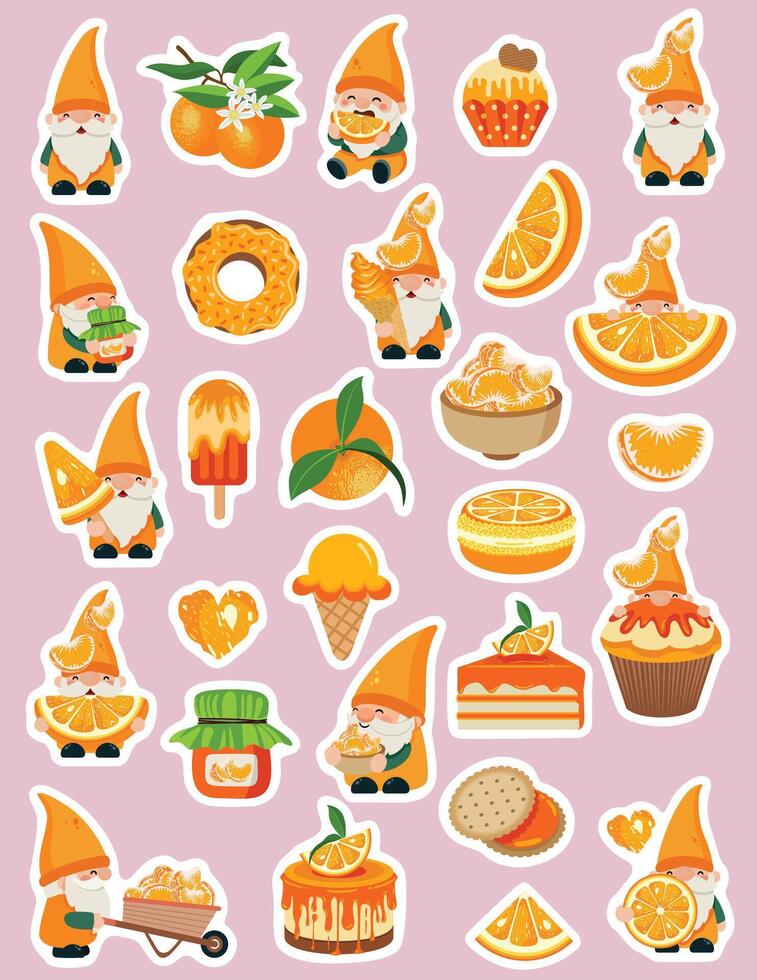 Colorful gnome and citrus-themed stickers vector