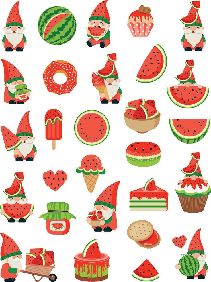 Watermelon-themed gnomes with desserts vector