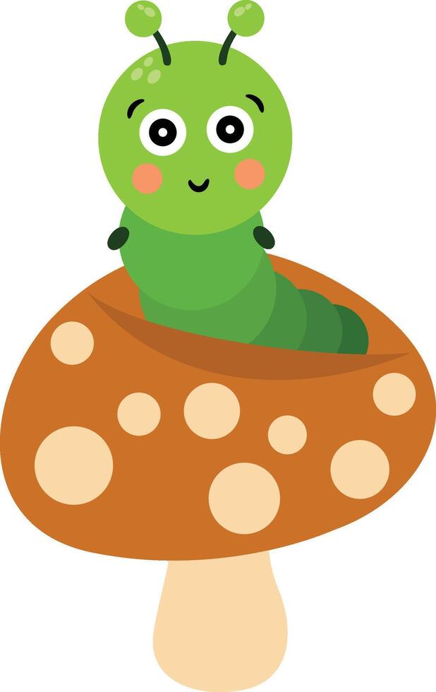 Adorable Green Caterpillar Peeking from Mushroom vector