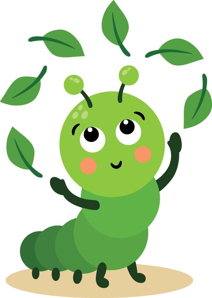 Adorable Green Caterpillar Playing with Leaves vector