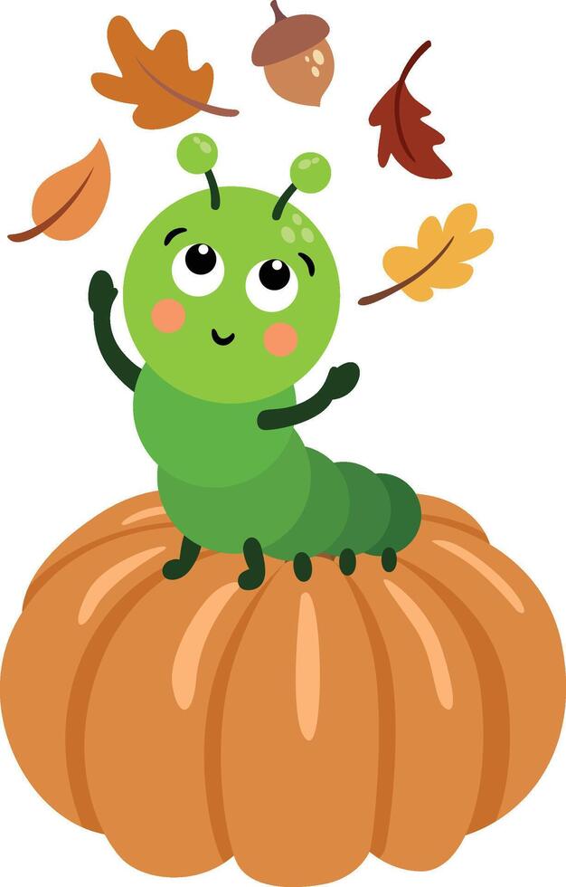 Cute Green Caterpillar on a Pumpkin with Autumn Leaves vector
