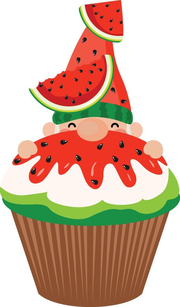 Adorable Watermelon Gnome Cupcake Cartoon Illustration vector