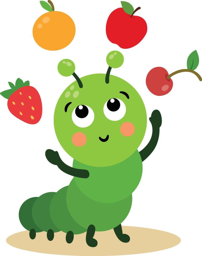Cute Green Caterpillar Juggling Fresh Fruits vector