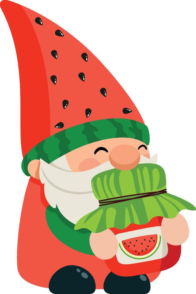 Adorable Watermelon Gnome Holding Jam Jar vector