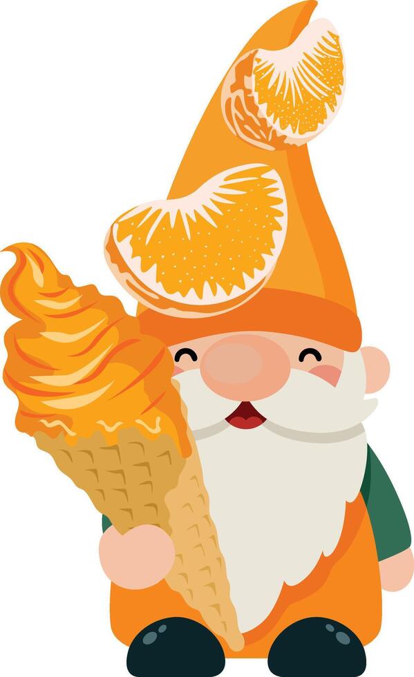 Cheerful Gnome Enjoying Sweet Orange Ice Cream vector