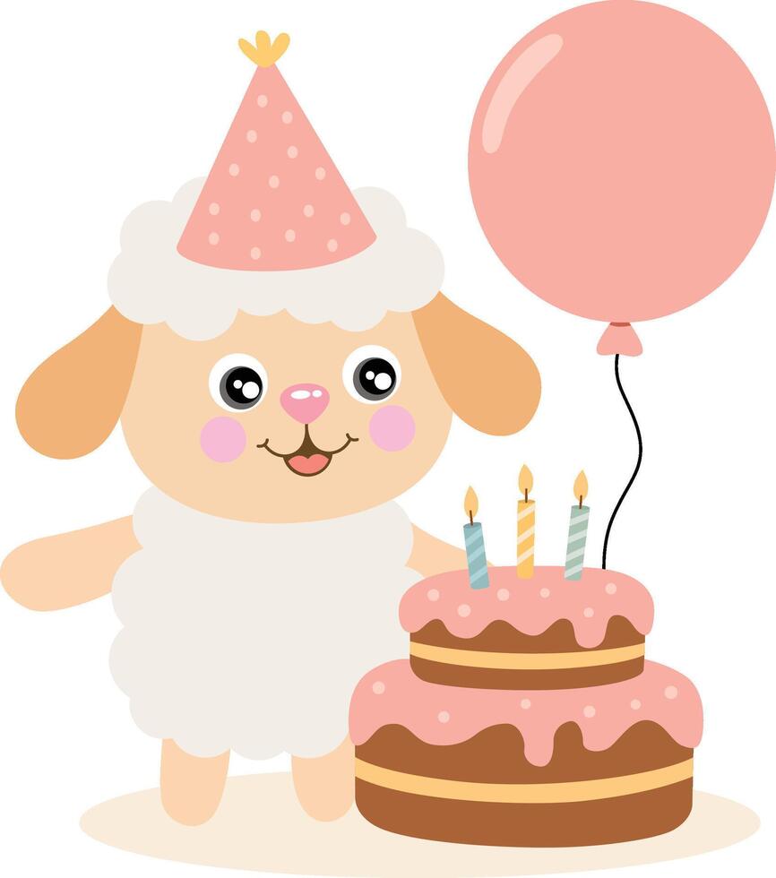 Happy Birthday Little Lamb with Pink Cake vector