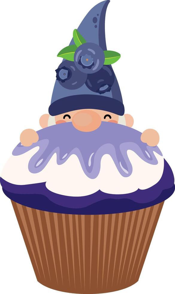 Adorable Gnome Peeking from a Blueberry Cupcake vector