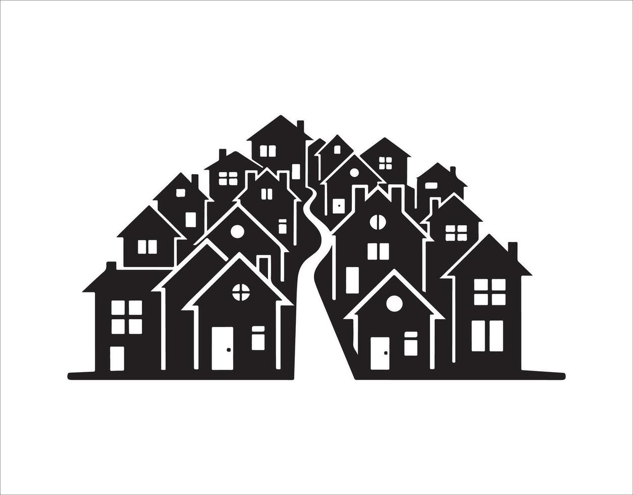 A cluster of homes with a walkway. Cityscape, black silhouette icon vector