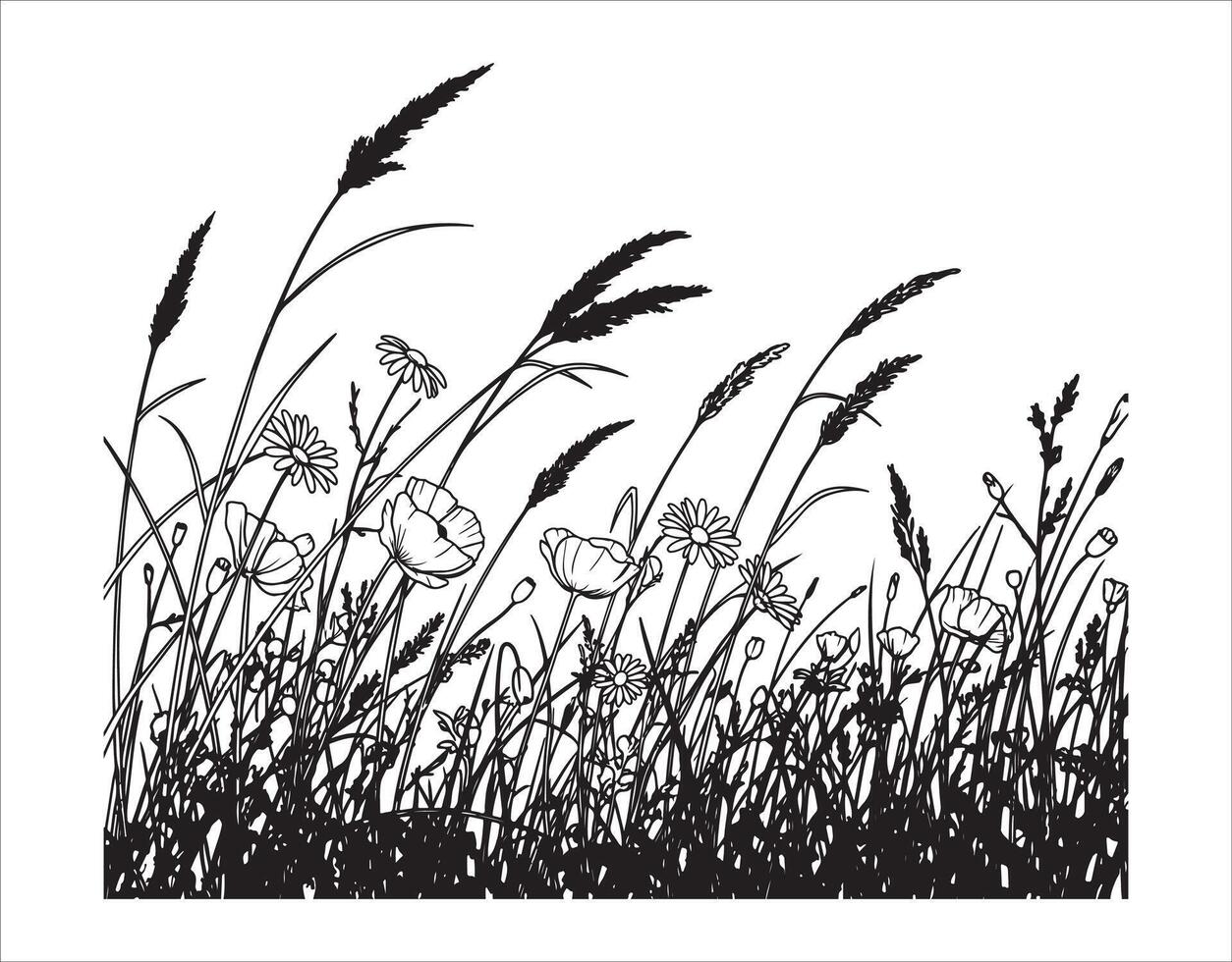 A silhouette of a grassy field adorned with wildflowers, drawn in a line style vector