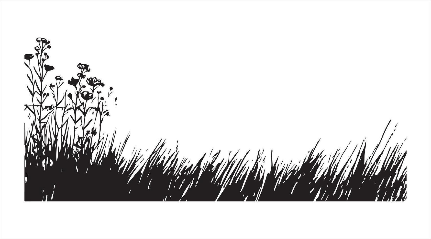 Outline of a field filled with grass and wildflowers in a line art style vector