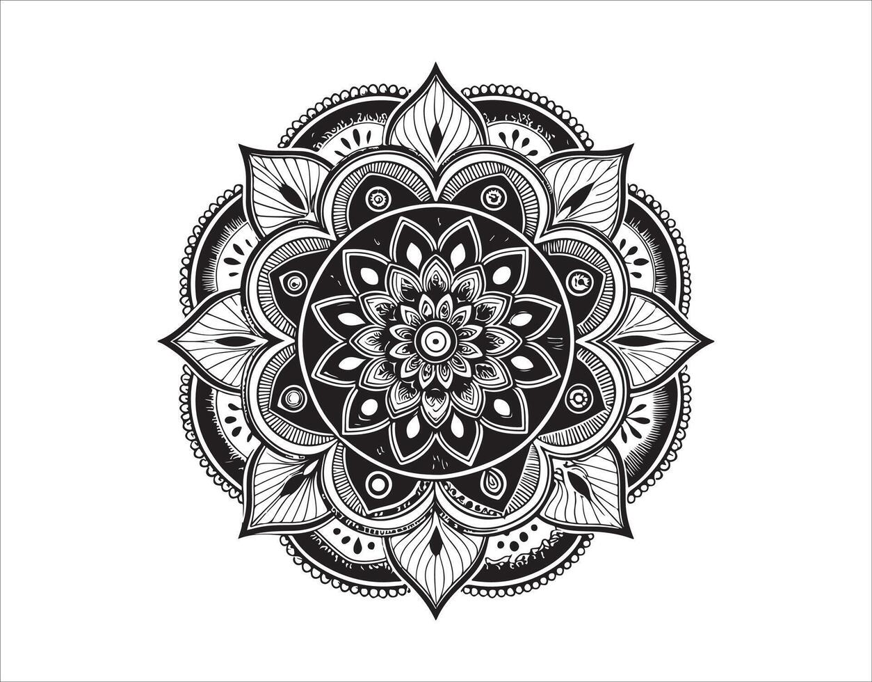 Simplified Indian-style mandala featuring oriental ornamental elements in monochrome. vector