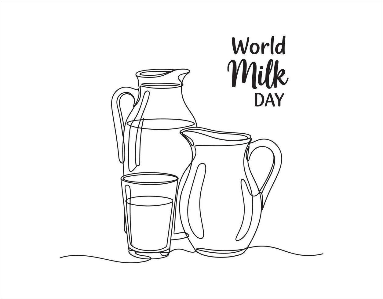 Greeting Card World Milk Day. Featuring an abstract jug, a milk pitcher, and a glass, this is a continuous single line art hand-drawn logo. vector