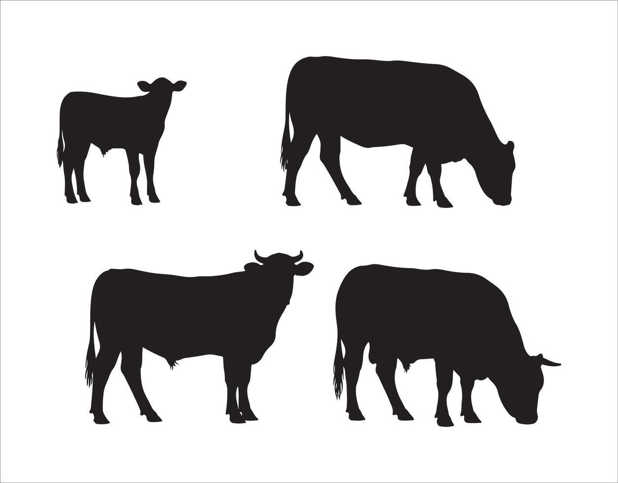 Silhouettes of a cattle family in black on a white canvas. The livestock consists of a calf standing, a cow eating, a young bull standing tall, and an older bull grazing nearby. vector