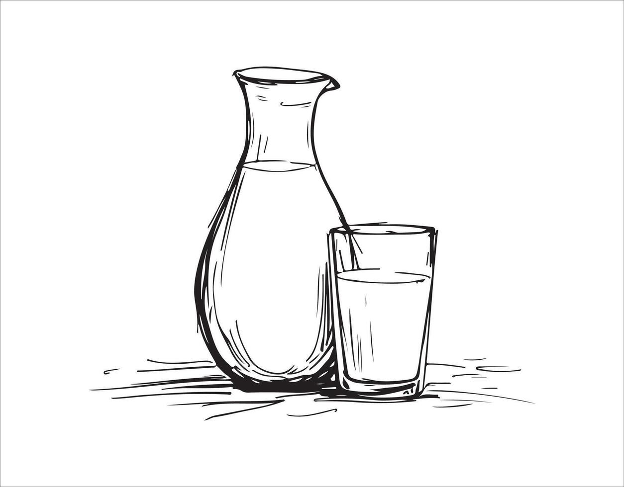 Greeting Card World Milk Day. An abstract jug, a pitcher for milk, and a glass, all represented in a continuous single line art hand-drawn sketch logo. vector