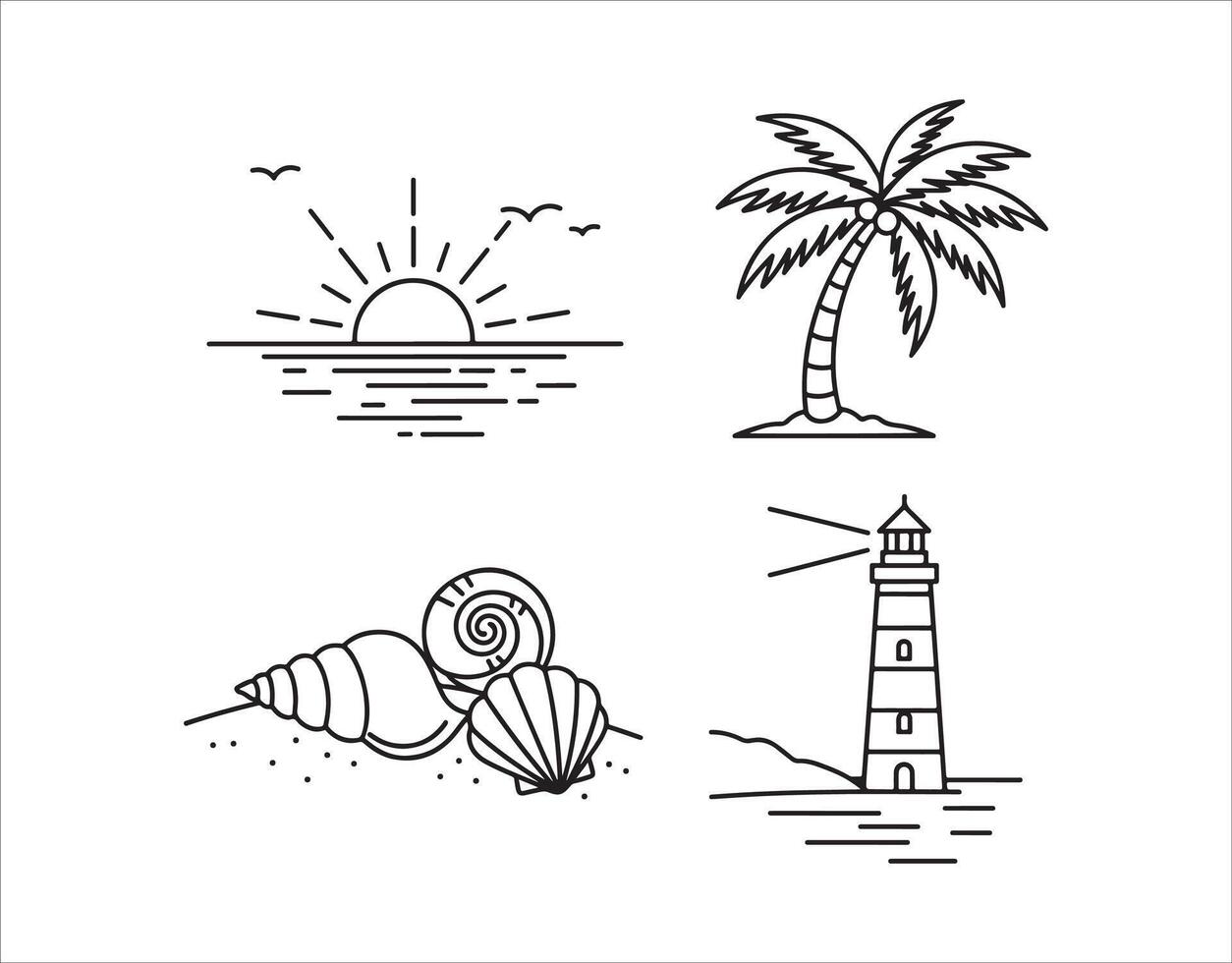 A set of straightforward black line icons depicting a sunset, palm tree, seashells, and a lighthouse, ideal for beach, travel, or summer vibes. vector