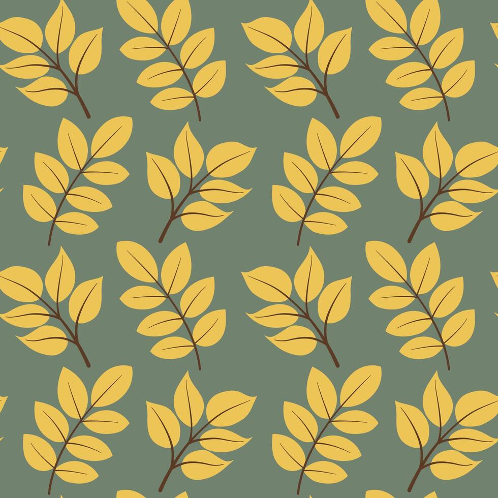 Autumn leaves seamless pattern on green background in warm autumn colors. Fall foliage for season design, packaging, textile, wrapping paper, wallpaper, Thanksgiving, and harvest festival decor. vector