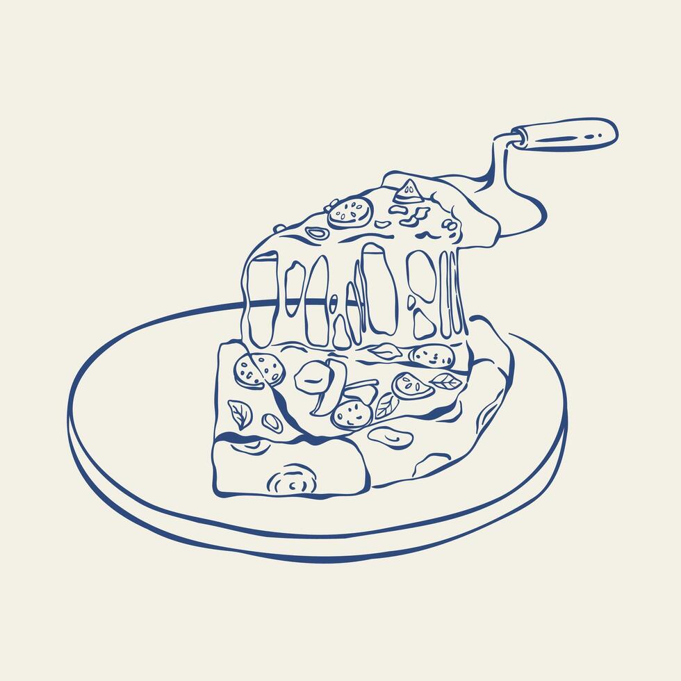 Pizza slices on plate and on pizza spatula hand drawn ink sketch. Italian food for menu, card, poster, packaging. Pizza slice with salami, tomatoes, melted cheese, basil. Line art illustration. vector