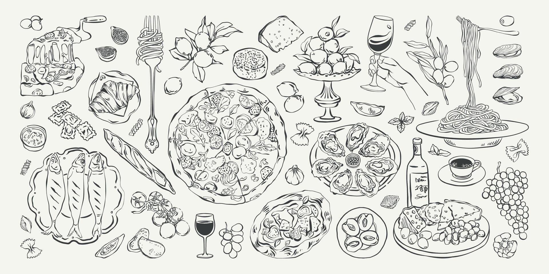 Hand drawn mediterranean food and drink set. Italian food ink sketch. Whimsical La dolce vita lunch or dinner with pizza, cheese, pasta, sea food, fruits, wine for poster, menu, invitation, postcard. vector