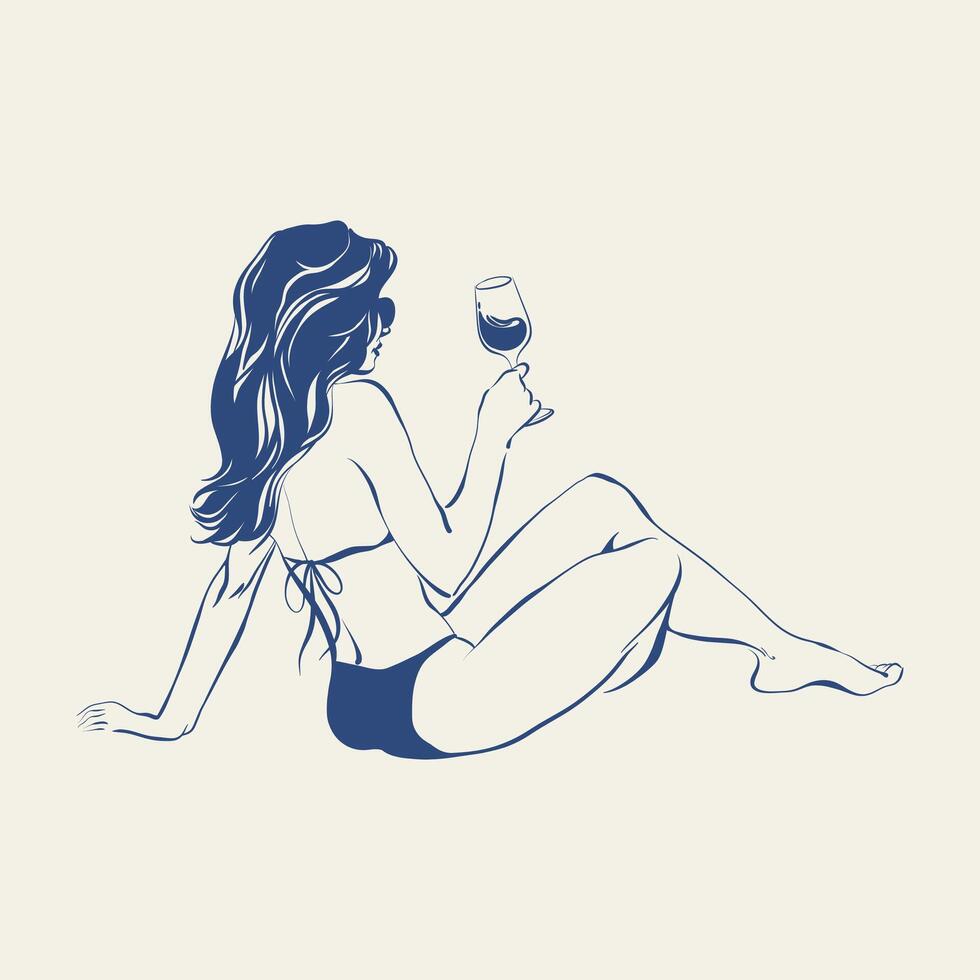 Woman relaxing on the beach with a wine glass in a summer holiday. Elegant woman in a swimsuit, drawn ink sketch. A stylish girl enjoys a vacation. La Dolce Vita whimsical style illustration. vector