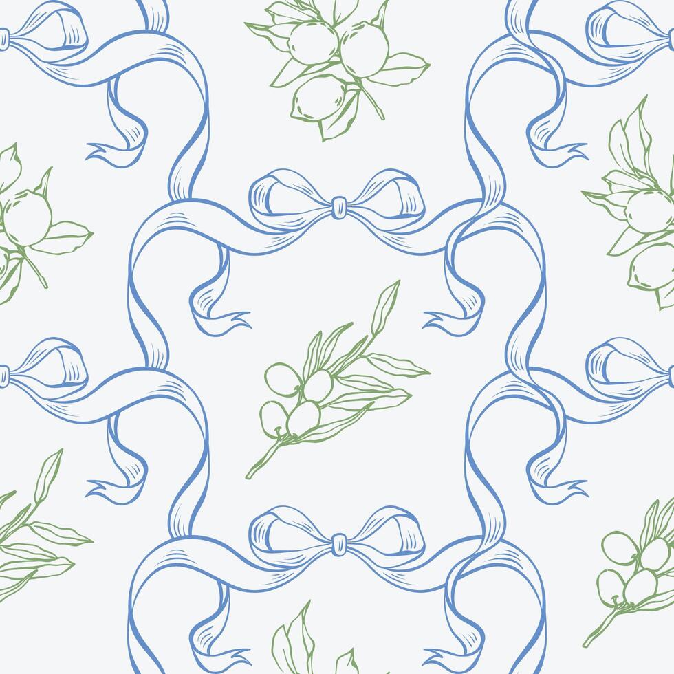 Mediterranean seamless pattern with lemons, olives and ribbons. La dolce vita summer line art background with hand drawn lemons, olives, and elegant blue ribbon bows for fabric, wrap, packaging, card. vector
