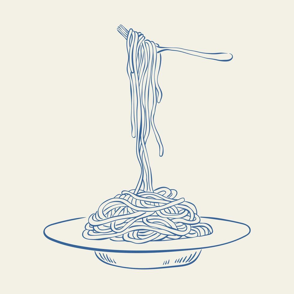 Italian pasta plate hand drawn ink sketch. Spaghetti on a plate, and fork with spaghetti. Italian food line art for poster, menu, greeting card, banner, postcard. Vintage macaroni illustration. vector