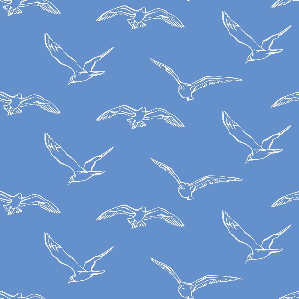 Seagulls seamless pattern. A flock of flying birds seamless pattern on a blue background. Hand drawn line art illustration for fabric, wrapping paper, packaging, nautical design, wallpaper. vector