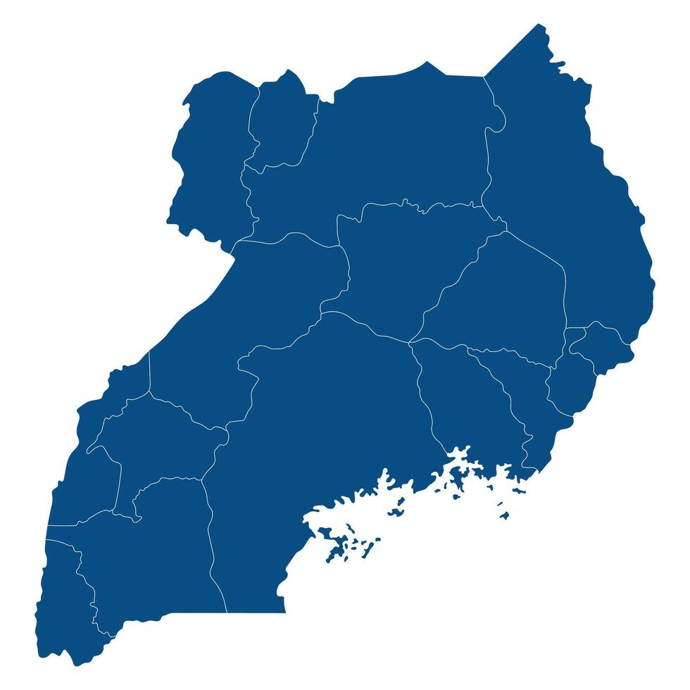 Uganda map subregions. Map of Uganda four subregions in blue color without Lake Victoria vector