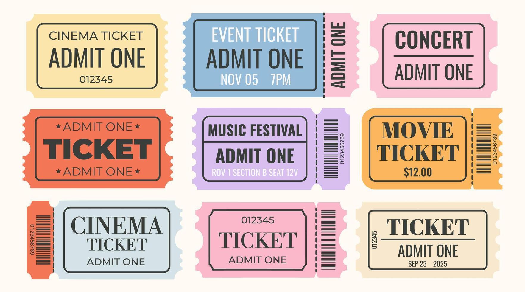 Set of colorful admit tickets template. Ticket for cinema, movie, circus, theater, film, festival, club, music. Event admission, entrance pass set. vector