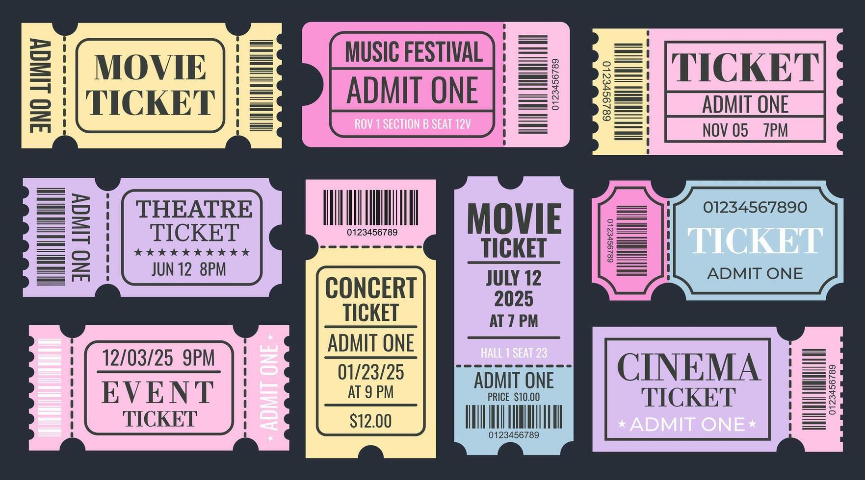 Set of colorful admit tickets template. Ticket for cinema, movie, circus, theater, film, festival, club, music. Event admission, entrance pass vector