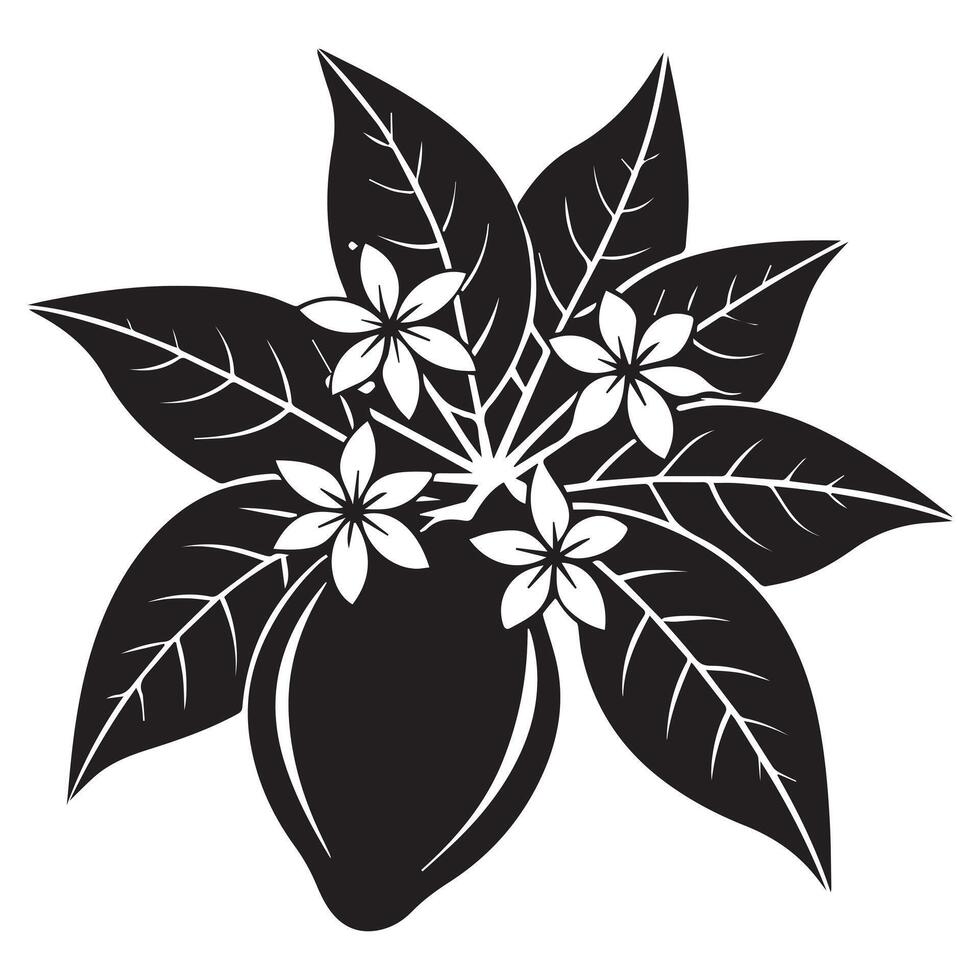 Dramatic Black and White Illustration of Tropical Flowers Blooming Abundantly Around a Lush Mango in a Vibrant Setting vector