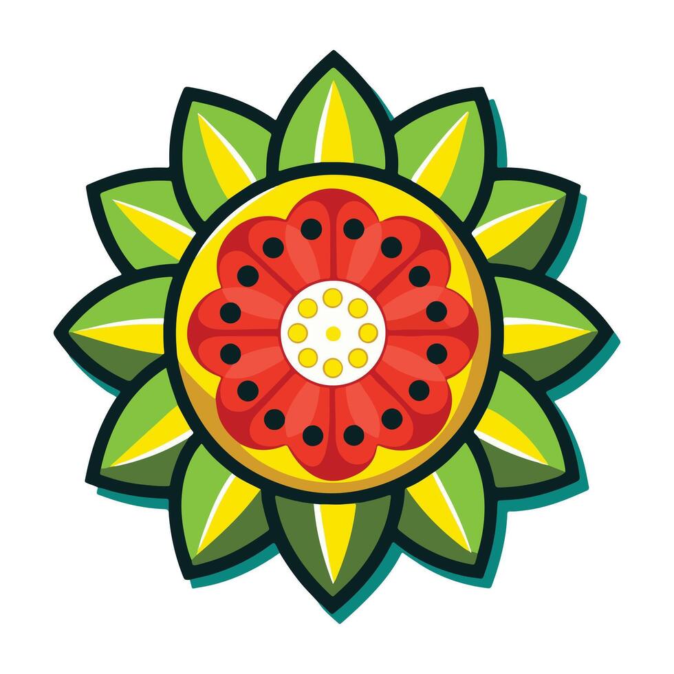 Vibrant Red and Yellow Flower with Green Leaves, a Joyful Illustration Against a White Background vector