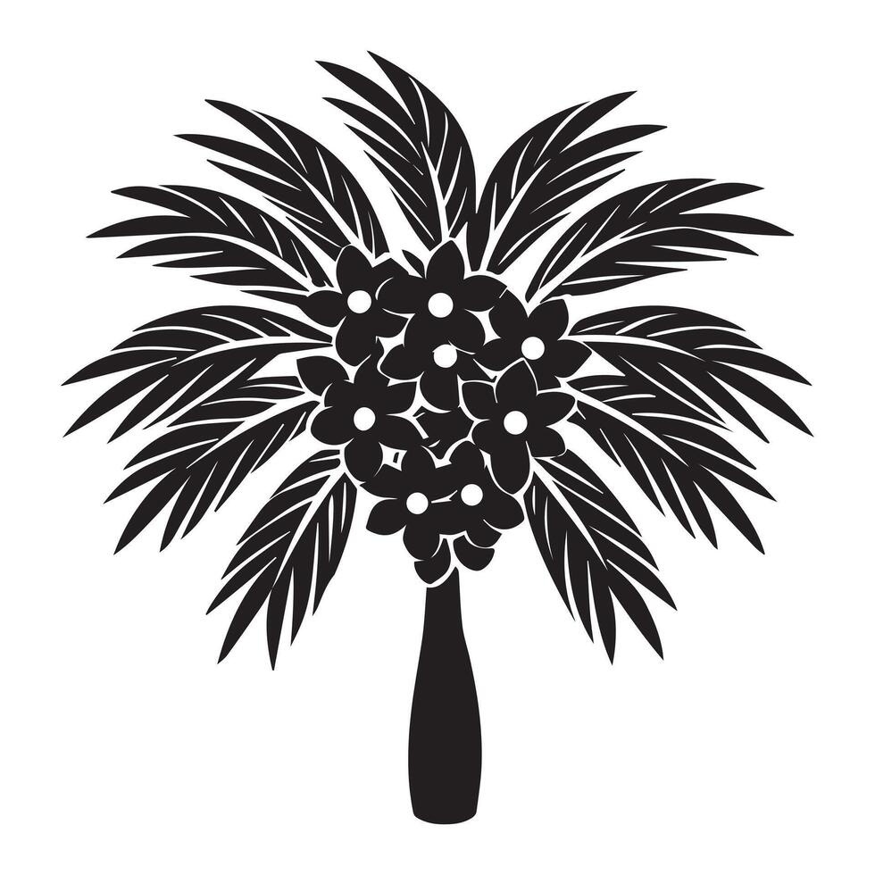 Serene Black and White Palm Tree with Lush Flowers in Vase Tropical Summer Floral Illustration vector
