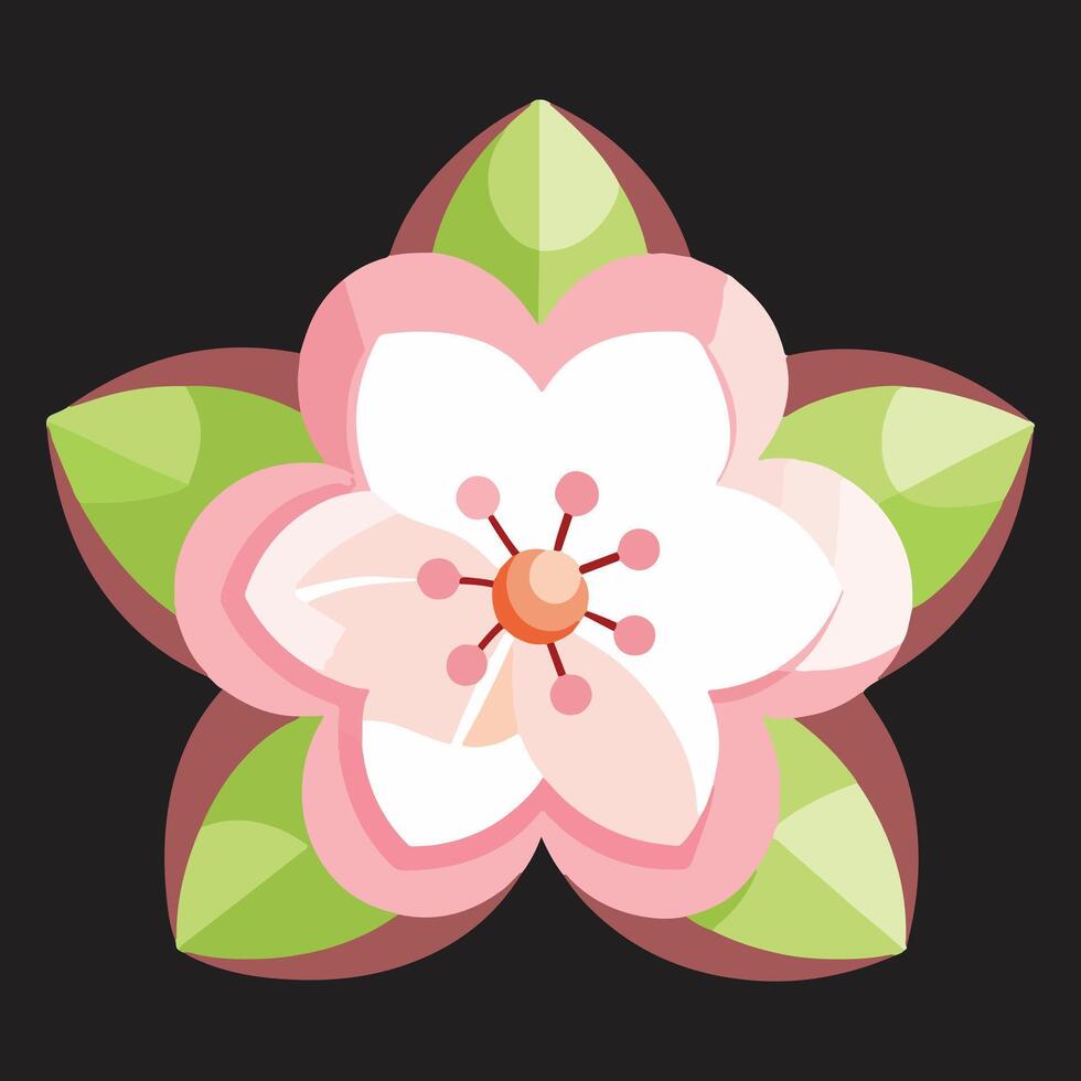 Serene Pink Blossom Flower with Delicate Petals and Green Leaves Against a Dark Background, Illustrative Style vector