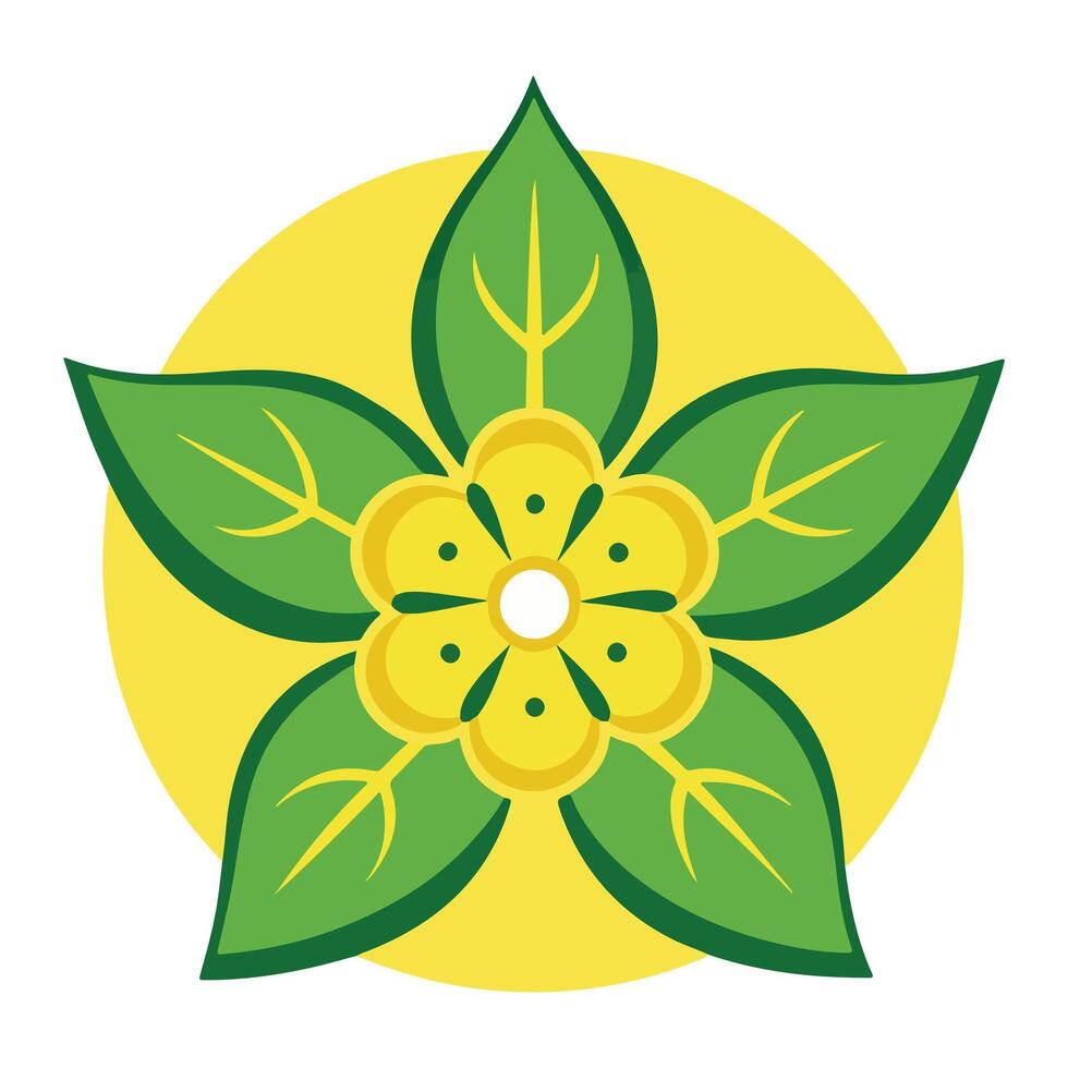Vibrant Yellow Flower with Green Leaves Blooming on Sunny Yellow Circle Background, Springtime Nature Illustration vector