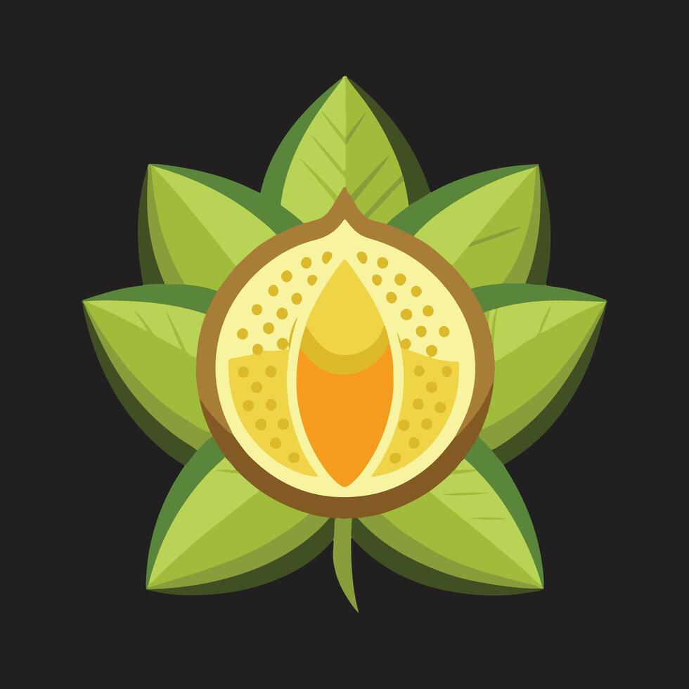 Vibrant Halved Hazelnut Surrounded by Lush Green Leaves, a Serene and Nutritious Nature Scene - Professional digital artwork with vibrant colors and detailed composition vector