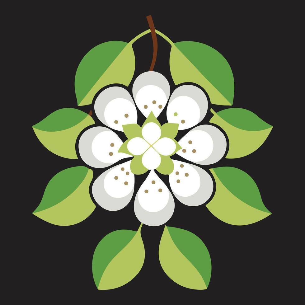 Serene White Flower Blossom with Green Leaves on a Dark Background A Stylized Floral Illustration vector