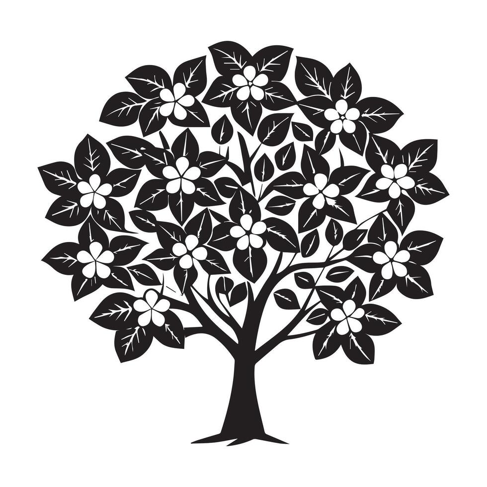 Elegant Black and White Stylized Blooming Tree Illustration, Perfect for Nature-Themed Designs, Peaceful and Serene Mood vector