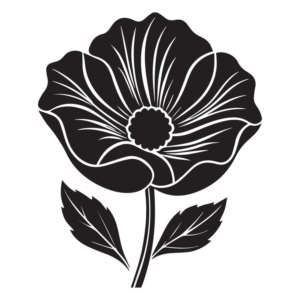Elegant Black and White Poppy Flower Silhouette, Botanical Illustration, Simple Floral Design, Isolated on White Background, Dark Mood, Nature Artwork vector