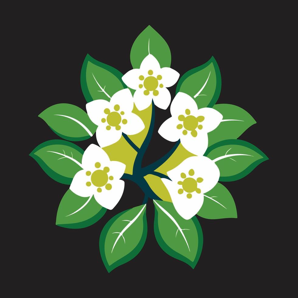 Serene White Blossoms Flourishing on Lush Green Branches Against a Dark Background A Peaceful Floral Illustration vector