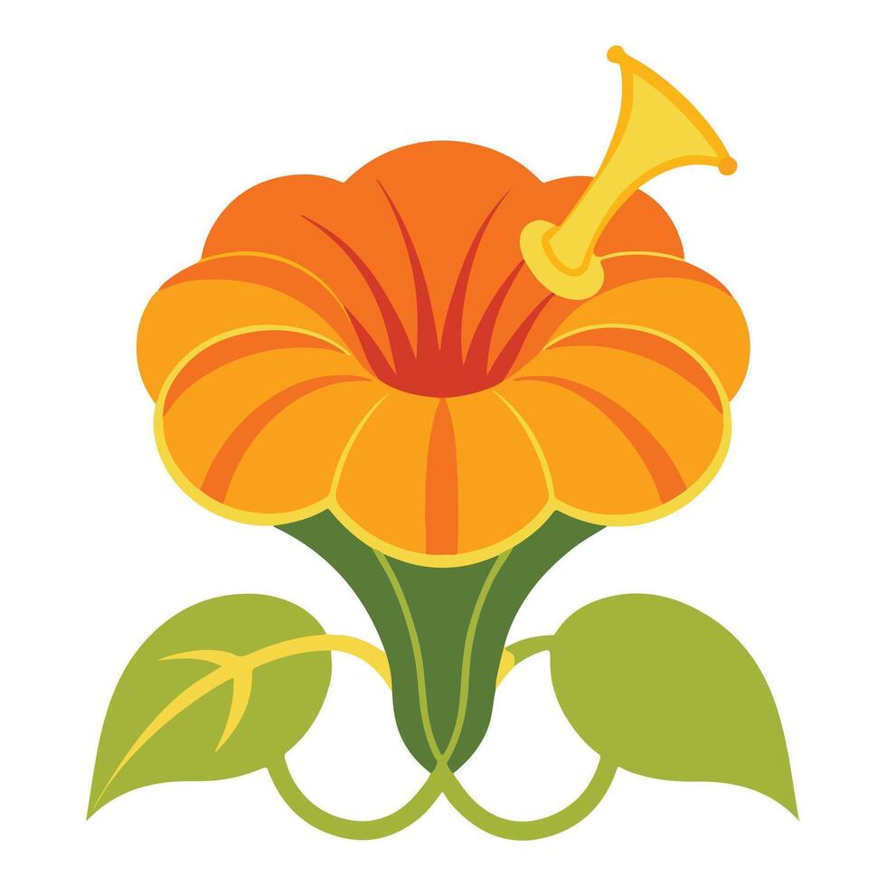 Vibrant Orange Flower with Trumpet-Shaped Bloom, Lush Green Leaves, Isolated on White Background, Cheerful Springtime Illustration vector