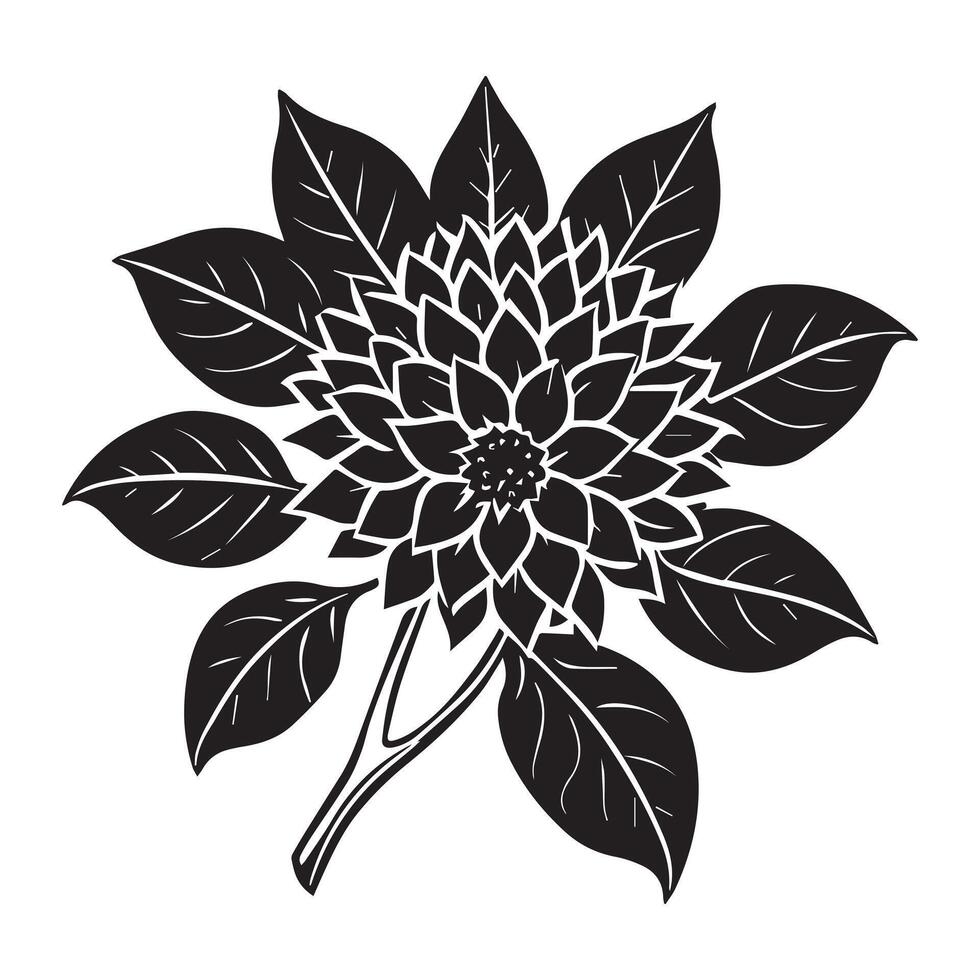 Striking Monochrome Illustration of a Blooming Flower with Bold Leaves Against a White Background - Professional digital artwork with vibrant colors and detailed composition vector