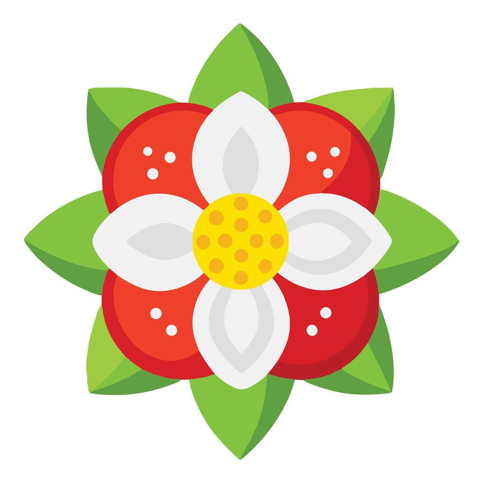 Vibrant Red and White Flower Blossom in Full Bloom, Illustrated with Lush Green Leaves, Cheerful Springtime Floral Design vector