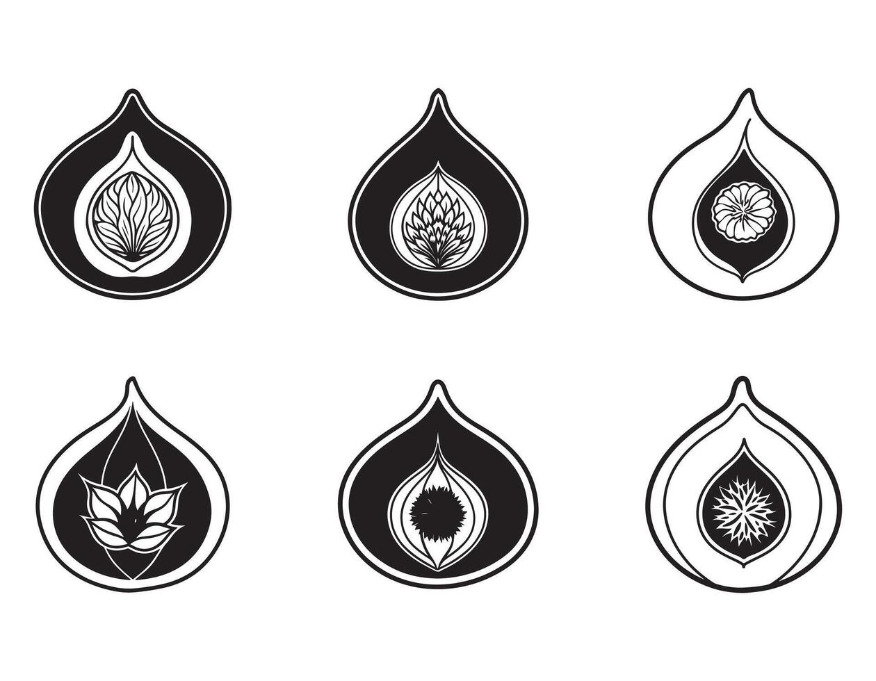 Six Exquisite Black and White Figs with Intricate Floral Designs, Symbolic Still Life, Elegant Mood vector