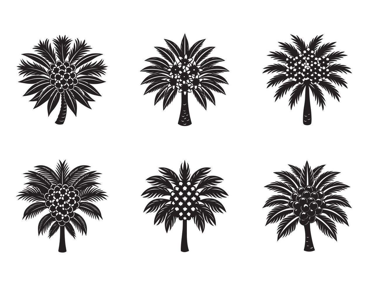Six Silhouettes of Lush Tropical Palm Trees Bearing Coconuts in a Serene Monochrome Design - Professional digital artwork with vibrant colors and detailed composition vector