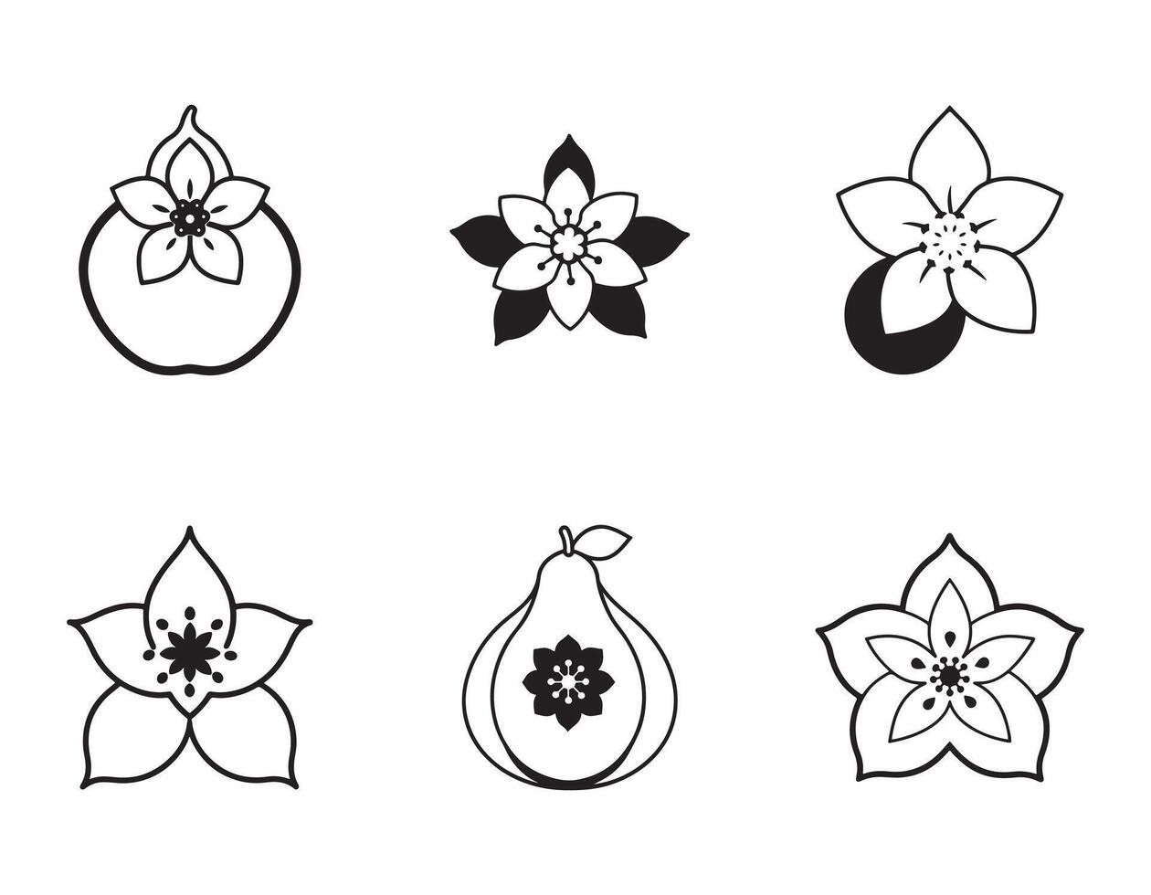 Elegant Black and White Floral Fruit Designs Stylish Line Art of Pears, Blossoms, and Apples for Branding, Decoration, and Mood Boards vector