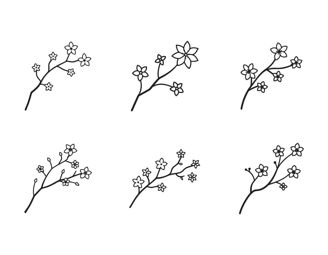 Six Elegant Black and White Line Drawings of Cherry Blossom Branches in Full Bloom on White Background vector