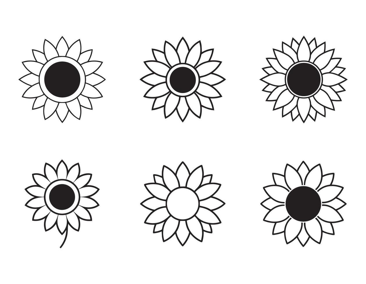 Six Stylish Black and White Sunflower Line Art Designs in a Minimalist Mood, Perfect for Summer Projects vector