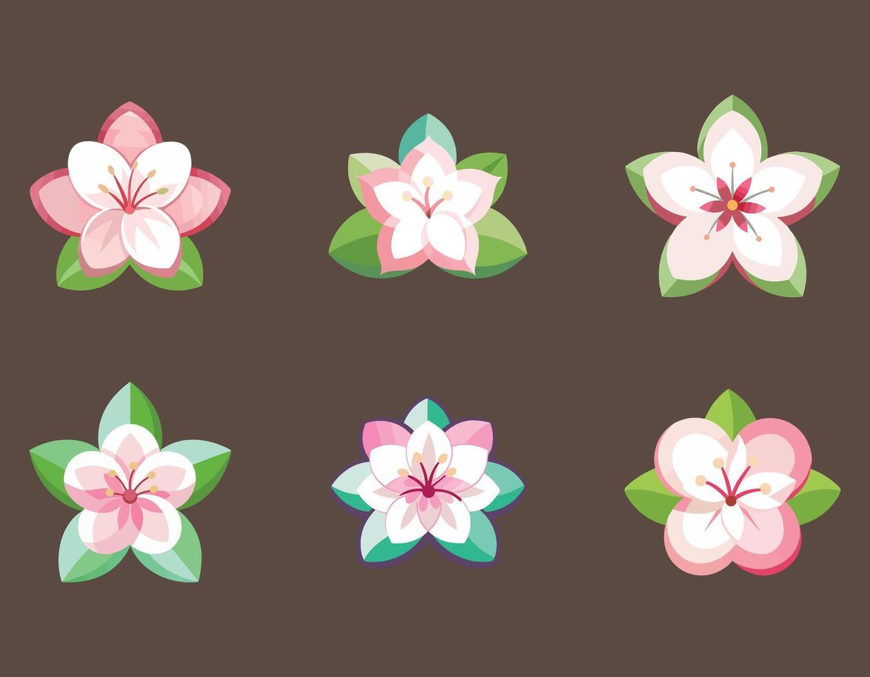Six Delicate Pink and White Blossom Flowers on Dark Background, Serene Spring Floral Design - Professional digital artwork with vibrant colors and detailed composition vector
